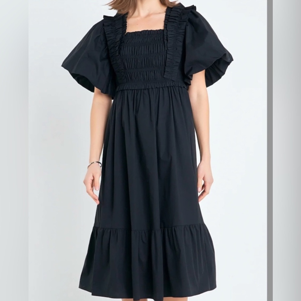 NWT English Factory Puff Sleeve Square Neck Smocked Midi Dress Black Size L - Picture 2 of 15